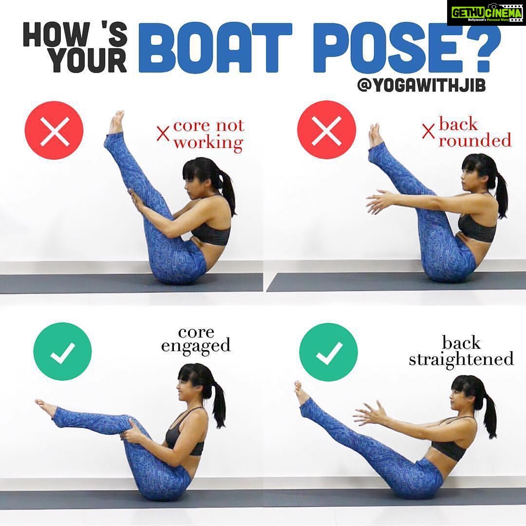 Yuthan Balaji Instagram - #howtoyogawithjib 🦄 Boat pose or navāsana 🛶is not so much about straightening your legs or letting go of the legs. It is about keeping you spine integrated and your core engaged. ❌ Don't let go of the legs at the cost of rounding the back ✔️ Keep your spine straight, chest open, and shoulders down