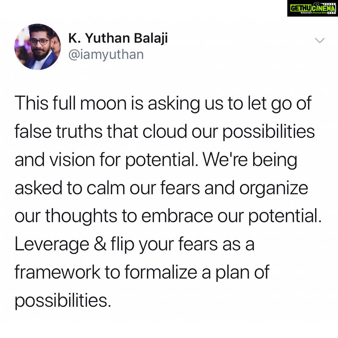 Yuthan Balaji Instagram - Full Moon at 0°42’ Virgo. 0 degrees is round, no ending or beginnings. It has limited possibilities. A Universal clear canvas for all creation. This full moon has us seeing our potential and life's possibilities in an expansive way. Anything is indeed possible with a clear vision, organization and roadmap and room to allow the energy for new arrivals. Full Moons ask us to release what does not serve us - this full moon specifically is asking us release false truths and limiting beliefs that cloud our possibilities and vision for our full potential. We are being asked to calm our fears and organize our thoughts to have a rationalized approach to embrace how beautiful and possible all the potential that lives within us can materialize and come forth. Acknowledge your fears and resistance, and work with them to formalize a plan of possibilities - actualizing the reality. #staypositivewithyuthan • • • #positivity #positivevibes #positivequotes #quotes #quoteoftheday #motivationalquotes #bepositive #motivated #motivation #positive #motivator #scorpio #spirituality #awakening #fullmoon