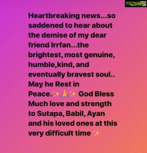 Aishwarya Rai Instagram - ✨May your Soul Rest in Peace my dear friend Irrfan... like we said.. We Keep it Real... Always...✨God Bless✨