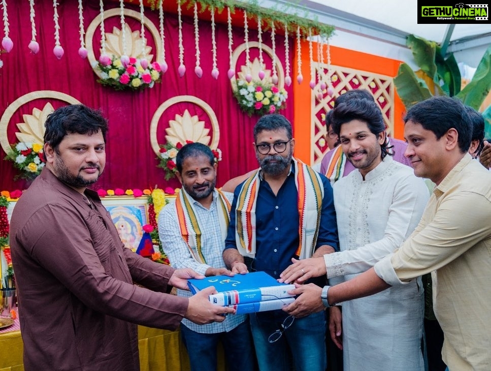 Allu Arjun Instagram - AA20 Pooja . 3rd time with my darling Sukku . DSP special combo always . Hoping to create a magic again . Thank you Koratala Shiva garu , Surender Reddy Garu & Allu Arvind garu (dad) and all other guests for gracing the occasion. Thank you Mythri Movies & Muttamsetty Media .