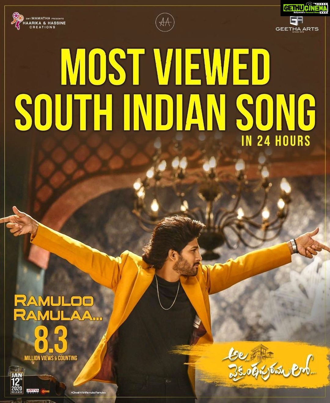 Allu Arjun Instagram - MOST VIEWED SOUTH INDIAN SONG in a 24hrs . Wow ! This is the best Diwali gift ever . Thank you all sooo much for all the Love . #alavaikunthapurramuloo #ramulooramulaa