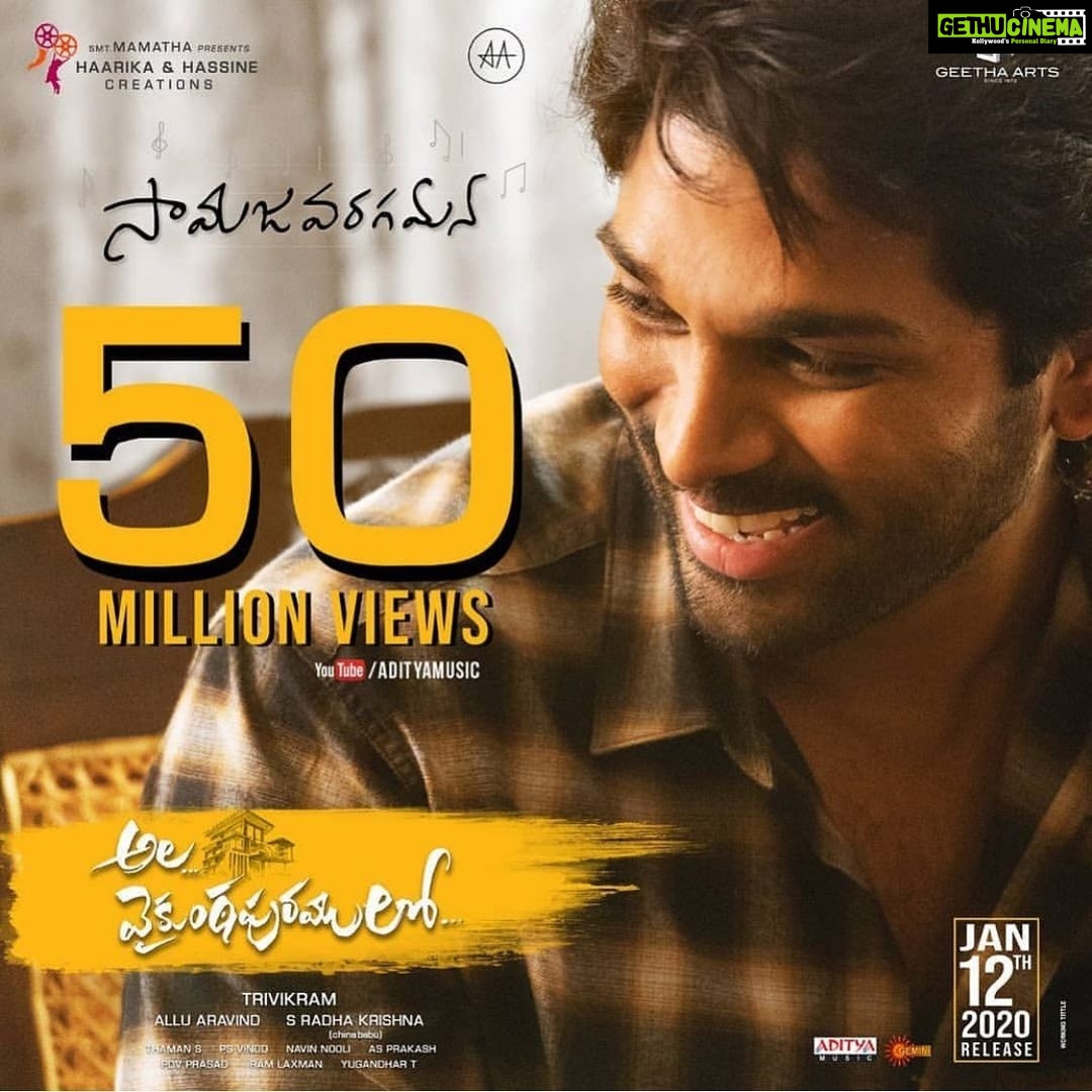 Allu Arjun Instagram - THANK YOU ALL for all the LOVE ❤️ . SAMAJAVARAGAMANA THE MOST LIKED TELUGU SONG . 50Million & Counting . #samajavaragamana #alavaikunthapuramulo
