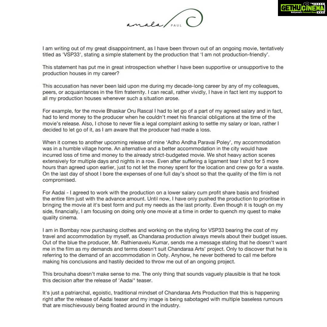 Amala Paul Instagram - The producers have ousted me from VSP33 only because of their regressive thought process and nothing else. Everything else is that you hear is just fodder for gossip mongers. In the end, the truth alone triumphs! #vsp33 #thetruth