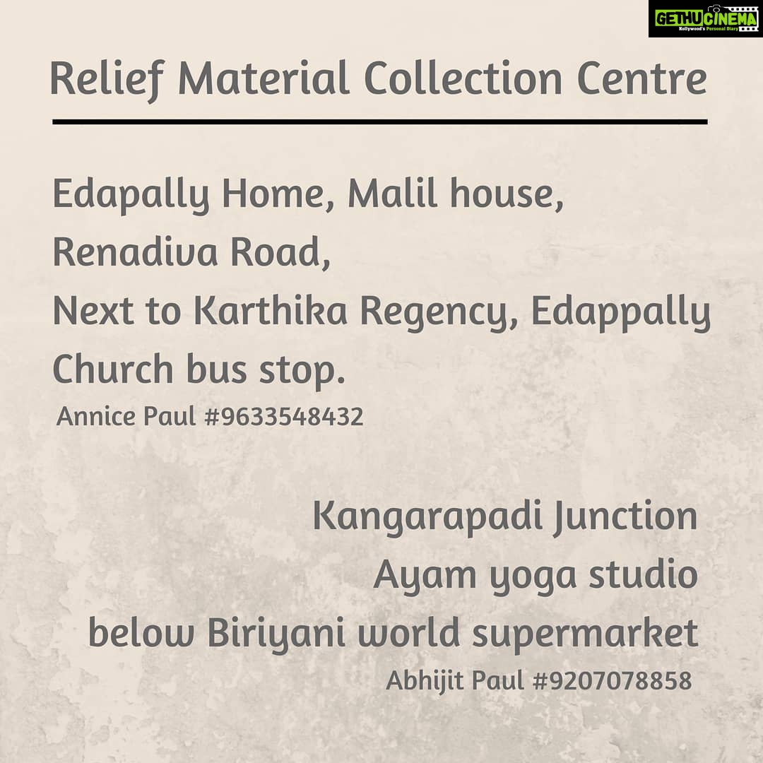 Amala Paul Instagram - Requesting people who are residing nearby edappally, palarivattom, kangarapadi, thevakkal, pookattupady and nearby areas to send relief materials to these centres. We will be distributing this to several camps nearby. WATER FOOD RATION, UNDERGARMENTS, SANITARY NAPKINS, BABY PADS MOST NECESSARY. PLEASE DO YOUR BEST. Do share #keralafloods #reliefmaterials #centre #edappally #kakkanad #thevakkal
