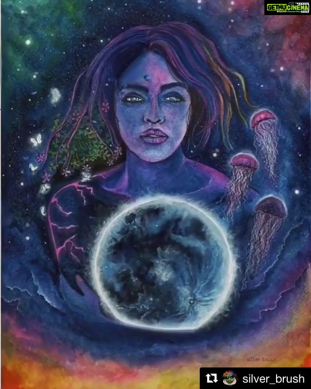 Amala Paul Instagram - This is Major Tom to Ground Control I'm stepping through the door And I'm floating in a most peculiar way And the stars look very different today For here Am I sitting in a tin can Far above the world Planet Earth is blue And there's nothing I can do. A big hug ❤️ to @silver_brush and @wanderergraph for giving me an art piece which in a second transports me to a galactical metamorphosed me. ・・・ The moonchild. #plotagraph #plotaverse #moonchild #selenophile #amalapaul #artgalaxies #majortom