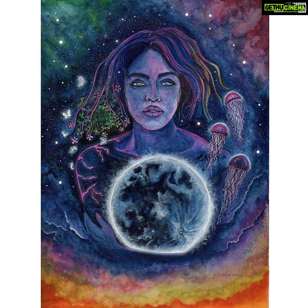 Amala Paul Instagram - Crissieee ❤️❤️❤️ #Repost @silver_brush ・・・ "The Moonchild" . She held the moon the way she held her own heart, . Oh moonchild, shine brightest even in the darkest nights. Stay wild, moonchild. . Happy birthday Ammuu 🤗😘❤ . . . . #watercolour and #acrylic on Fabriano #silverbrush #portraits #amalapaul #portraitpaintings