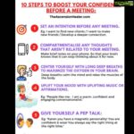 Anjali Lavania Instagram – 10 Easy Steps to Boost Your Confidence Before a Meeting:

When we meet people, there is a silent exchange of energy that takes place – Our body language, the way we walk, dress and carry ourselves will always speak louder than words!

Practice Makes Us More Confident: Before going to important social events – Most good conversationalists practice a quick prep routine to help them boost their self-confidence. 

Please note, the preparation needed is super easy to follow and can even be implemented in the car, on your way to the meeting/event.

10 Easy Steps to Boost Your Confidence Before a Meeting:

1, Set an intention before any meeting – Think of the reason, why are you going to this meeting? Is it for Enjoyment? To find new clients? To develop a deeper connection?

Focusing on your intention – gives you a deeper purpose while speaking to someone. This sense of purpose is then felt in your aura and you will be seen as someone who seems more confident and self-assured. 

Note: Whatever your intention may be – Meaningful conversations is the best way to achieve your goal. Whether it’s work or play – people prefer interacting with people who are good at building rapport.

2, Compartmentalize any unproductive or stressful thoughts that aren’t related to your current meeting.
Compartmentalize it – By making brief notes about whatever is bothering you on your phone. So that your brain knows that it can stop thinking about it for now. Writing it down on your phone is akin to a do list – which tells the brain to stop worrying for now – as it can refocus on finding solutions whenever you’re done with your meeting.

3, Center yourself with deep breaths. Long, slow, deep breath maximizes the amount of oxygen that flows to the lungs and brain. Deep breaths stop any feeling of anxiousness AKA ‘The fight or flight’ response by calming the mind and relaxing the muscles of the body. 

4, Boost your mood with uplifting music or repeat affirmations like; “People like me – I am a warm, confident and engaging conversationalist.” 

Read the full post:
https://www.theascensionhealer.com/post/how-to-build-rapport-with-meaningful-conversations