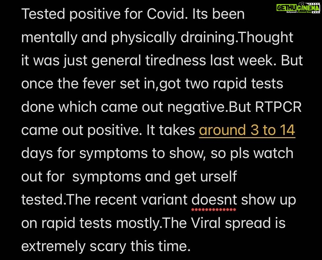 Anjana Rangan Instagram - P. S : thought of not posting this earlier as i actually wanted to remain calm and go through the isolation on my own,but i really had to tell ppl not to depend ONLY on rapid tests which shows negative, despite having covid symptoms. What if i hadnt gone for the RTPCR?! i feel too drained even after medications.This is not something easy to deal with as ppl believe.The severity might have gone down , but still it has a great impact on ur mental and physical health. STAY SAFE π Love and hugs to All.