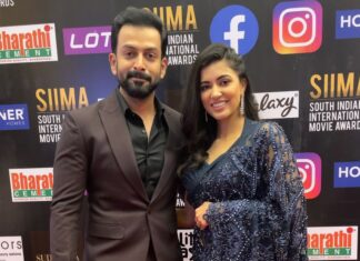 Anju Kurian Instagram - With the creator of LUCIFER 🖤. Priceless moments with Rajuettan on #siima2021 Red Carpet. Congratulations @therealprithvi on winning the best actor and the best debutant director at #siima . You are the sweetest 🤍. Novotel Hyderabad Convention Centre