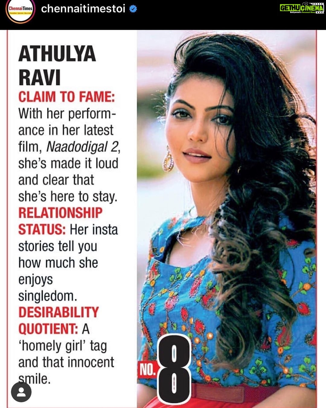 Athulya Ravi Instagram - This is really special for me πThank you @chennaitimestoi π no words to explain my happiness π Among these big ladies I m holding 8th position in all of your heart is big thing for me π Thank you so much my sweethearts for voting for me and supporting me always whatever happens β€οΈβ€οΈ love you so much π
