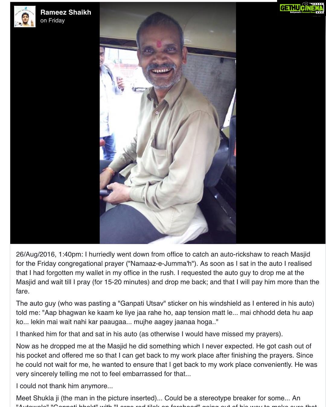 Dipika Kakar Instagram - This has to be shared!!! Go to Mr. Rameez Shaikh's fb account and share! like ! Lets respect n spread positivity guys!!! And lets recognise Shuklaji n if we ever come across him... lets pay our respect to him for keeing humanity alive ššššš!!!