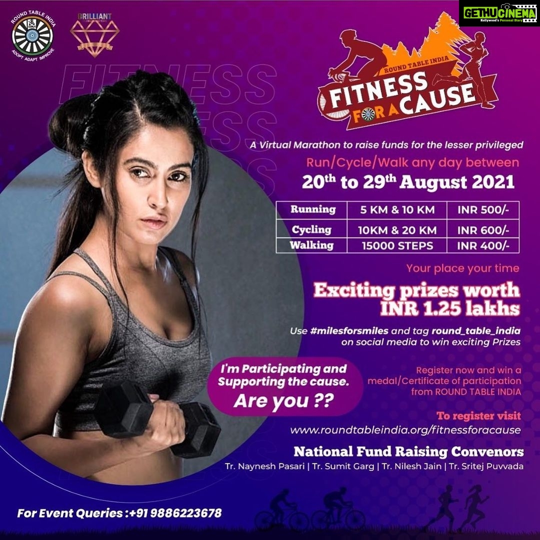 Disha Pandey Instagram - Round Table India presents Fitness for a Cause - National Virtual Marathon 1. Log on to www.roundtableindia.org/fitnessforacause 2. Register for Running/Cycling / Walking challenge as per your choice and distance. 3. Receive a medal and certificate from Round Table India for participation. 4. Exciting prizes worth Rs. 1.25 lacs to be won by participants with three best timings in each category 5. Do your bit for the cause and help Round Table India in their effort of building one classroom a day for the under privileged children. Bangalore, India