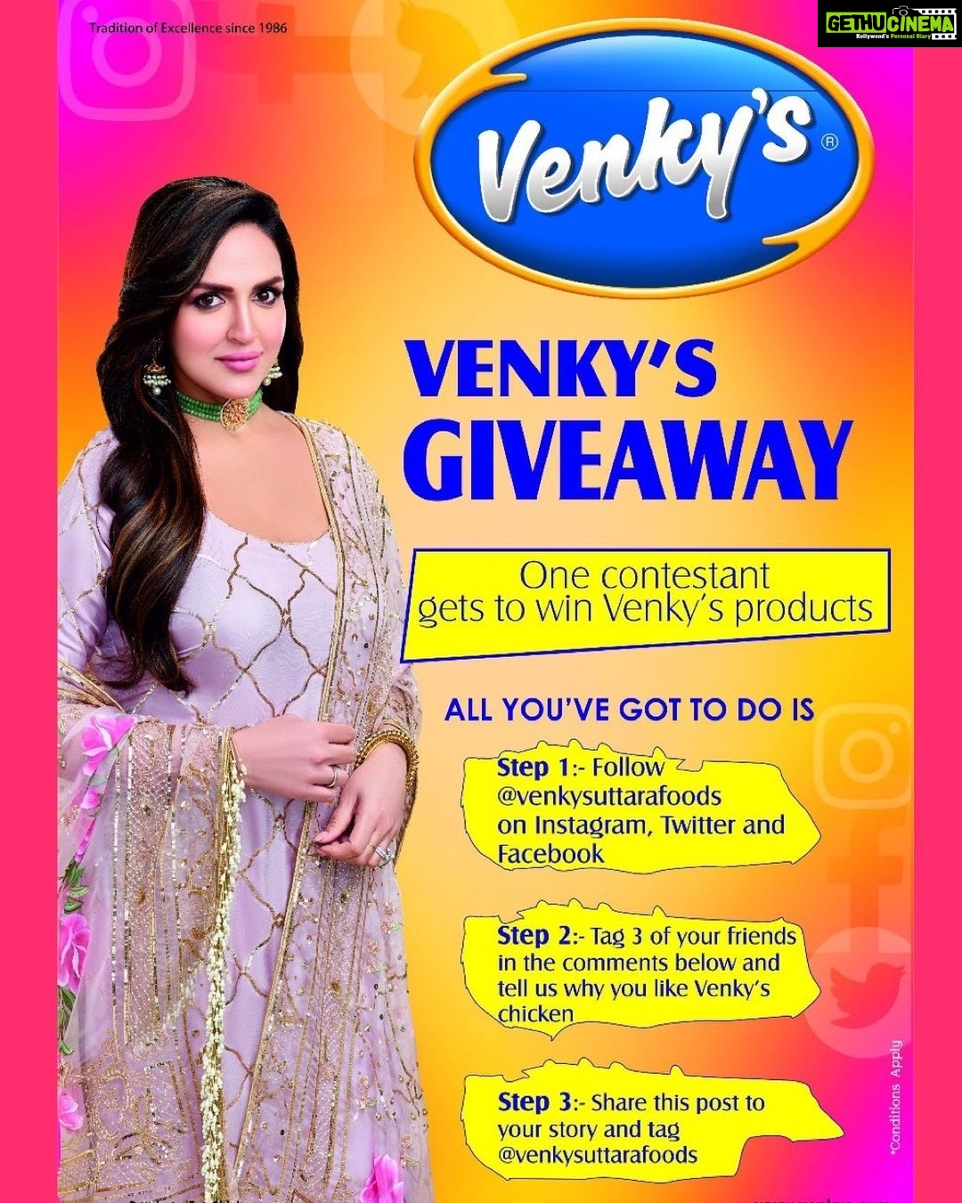 Esha Deol Instagram - Here is your chance to win some delicious, lip-smacking Venky's products. To enter- 1) Visit and follow @venkysuttarafoods on Instagram 2) Tag 3 of your friends in the comment section of @venkysuttarafoods and tell us why you love Venky's Chicken 3) Share this post to your story and tag @venkysuttarafoods Goodluck!!!πππΌ