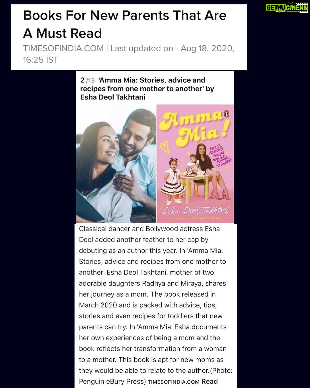 Esha Deol Instagram - Thank u @timesofindia for this mention. I feel honoured & happy to know that my book #ammamia tops the list of the βmust read β books for new parents by #timesofindia . Itβs a humble effort from my side & I am glad that my first book on parenting & motherhood has been so well received by all πππΌπππ§Ώ