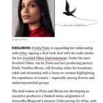 Freida Pinto Instagram – So grateful and excited for this partnership with eOne Entertainment. Women make up one-half of our world so to be given the support and platform to tell some of their stories through my company Freebird Films feels incredible. I feel lucky that I will play my small part in rewriting the way the female narrative will be reclaimed and shaped in history. But I couldn’t do this without my partner @emilyverellen and her immensely valuable experience and perspective, her talent and her passion. The heart of the company! Also, @artemisporay your dedication and determination every day is inspiring! We are a small and nimble but truly badass team. Let’s go do this!
