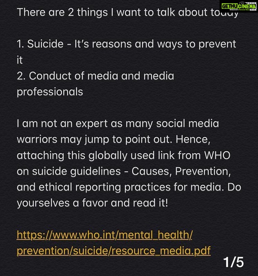 Huma Qureshi Instagram - Guys , If you can’t say or do anything positive then please stop spreading hate and speculation on social media !! The world has enough pain already. We are sorry #Sushant for this circus 🙏🏻and to his family and loved ones all I can say are the inadequate words - We are sorry for your loss. Please check this out !! https://www.who.int/mental_health/prevention/suicide/resource_media.pdf (link in story)
