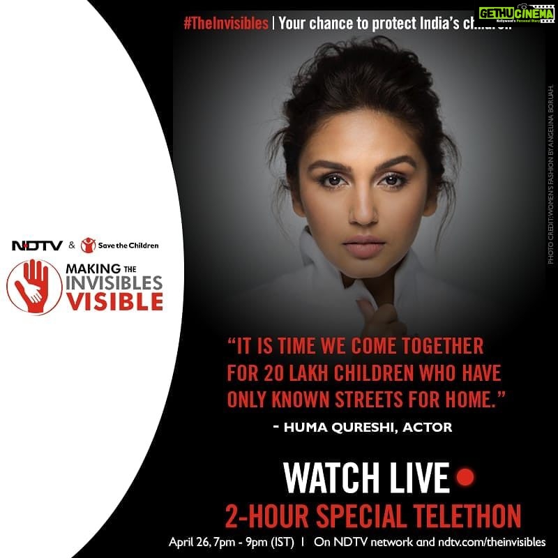 Huma Qureshi Instagram - While we're at home, think of those children for whom a home is a dream. They're seen yet unseen, heard yet unheard & today, they battle an invisible crisis which makes their ordeal even tougher. Join @savethechildren_india & @ndtv's fundraiser on street-connected children to make #TheInvisibles visible. Show your support here: ndtv.com/theinvisibles. Every bit of help counts. Tune in: Sunday @7pm on NDTV