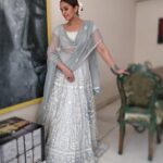 Huma Qureshi Instagram – Demure 🌹 @mohitrai @harshitadaga01 @nautankichaiti @ajayvrao721 Outfit – @anitadongre Jewellery – @silverstreakstore #grey #blue #silver #mogra #indian