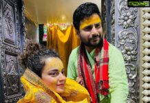 Kangana Ranaut Instagram - Went to Radha Janmbhumi in Barsana …. Priest gave me a perfume and a pan and said Shri Radhe smelt heavenly all the time … which Shri Nath loved but he wasn’t allowed to meet her so he dressed as a women to come to see her in this temple of Shri Radhe where her baby form is worshipped Shri Krishna is worshipped as a Gopi as in dressed in female clothes … After Shri Krishna left Gokul there is not much information about Radhe … many say Radha was pink like rose, beautiful like a spell and older to Krishna and also they were related in some way… also in those days as soon as a girl child was born her husband was decided so some say technically she was married as well … but when Krishna left Gokul he gave his flute to Shri Radhe and told her he will never play flute again … and he never did.. after that Radha had a family and children as well … But not many know when Gokul was gloomy, depressed and hopeless after Krishna left, Shri Radhe played his flute and did Raasleela just how Krishna used to on the shore of Yamuna … Like I say history conveniently cut out our women and their contribution to man kind may be Krishna knew this so he told Shri Radhe … My name will never be uttered without you and Krishan will always come after Radha … Radhe Krishan 🙏 It was a beautiful day ❤️