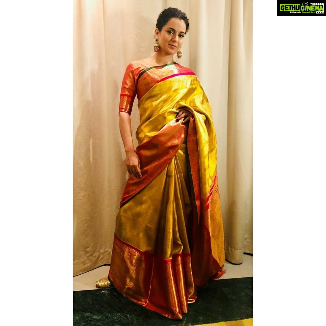 Kangana Ranaut Instagram - All that glitters is Gold! Styled by @stylebyami Saree - @madhurya_creations Jhootis - @fizzygoblet Hair by @shaikhhaseena33 Make up @chettiaralbert #ManikarnikaTheQueenOfJhansi #ManikarnikaTamilTrailer #chennai #Tamil #indiancouture #IndianWeavers #indianfashion #Sarees #SareeLove #sareefashion #Ootd