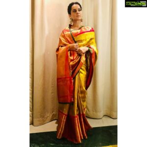 Kangana Ranaut Instagram - All that glitters is Gold! Styled by @stylebyami Saree - @madhurya_creations Jhootis - @fizzygoblet Hair by @shaikhhaseena33 Make up @chettiaralbert #ManikarnikaTheQueenOfJhansi #ManikarnikaTamilTrailer #chennai #Tamil #indiancouture #IndianWeavers #indianfashion #Sarees #SareeLove #sareefashion #Ootd