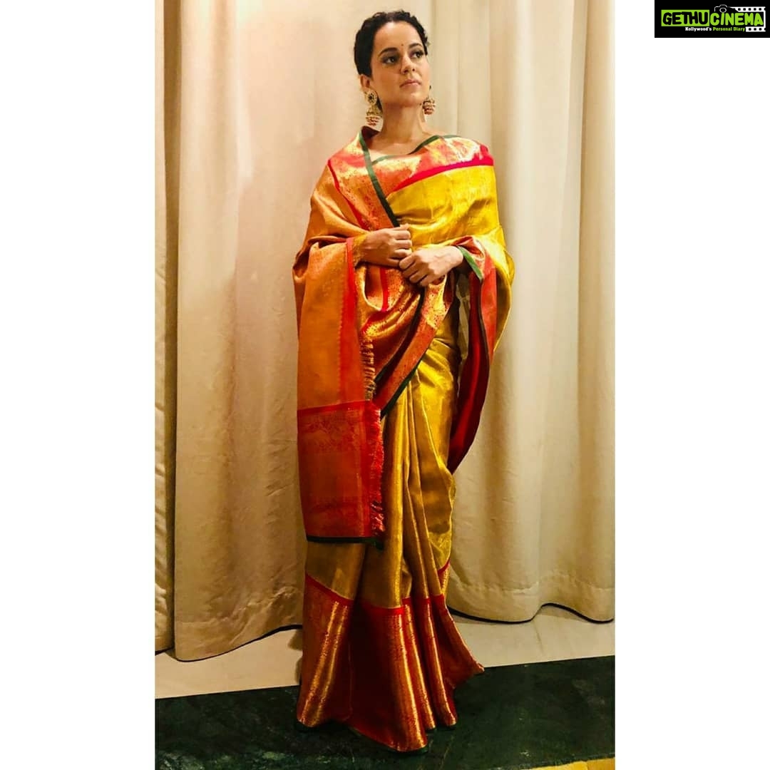 Kangana Ranaut Instagram - All that glitters is Gold! Styled by @stylebyami Saree - @madhurya_creations Jhootis - @fizzygoblet Hair by @shaikhhaseena33 Make up @chettiaralbert #ManikarnikaTheQueenOfJhansi #ManikarnikaTamilTrailer #chennai #Tamil #indiancouture #IndianWeavers #indianfashion #Sarees #SareeLove #sareefashion #Ootd