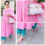 Kangana Ranaut Instagram - Pastels done right! Queen #KanganaRanaut donning a pleasant candy floss pink and teal palazzo anarkali. Suit- @lylawoman Slippers- @gap Bag- @miumiu Sunglasses- #vintage . . . . #fashion #instafashion #gap #miumiu #vitagesunglasses #pink #palazzopants #anarkali