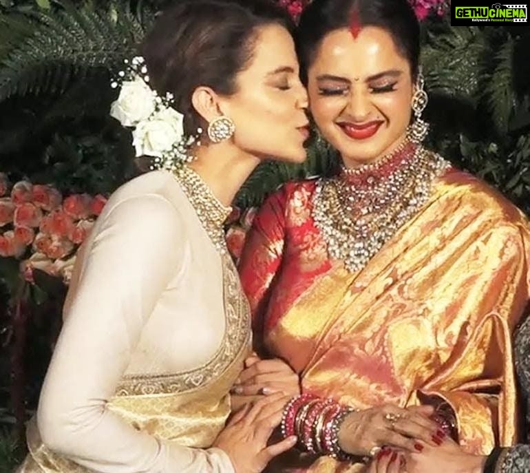 Kangana Ranaut Instagram - Wishing a very Happy Birthday to the forever young and the first lady of eternal beauty, Rekha Ji. Here's a photo of Kangana and Rekha ji on her birthday.