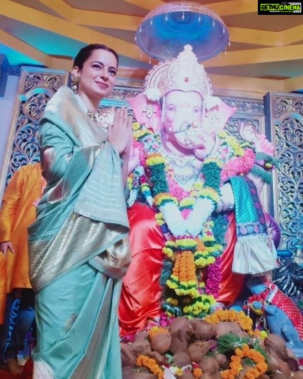 Kangana Ranaut Instagram - He brings a rainbow for every storm, a smile for every tear, a promise for every care, and an answer to every prayer. #GanpatiBappaMorya Here, Kangana Ranaut was spotted at Andheri Cha Raja in Mumbai.