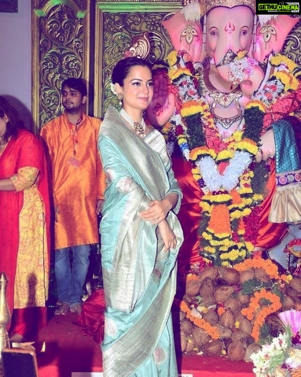 Kangana Ranaut Instagram - He brings a rainbow for every storm, a smile for every tear, a promise for every care, and an answer to every prayer. #GanpatiBappaMorya Here, Kangana Ranaut was spotted at Andheri Cha Raja in Mumbai.