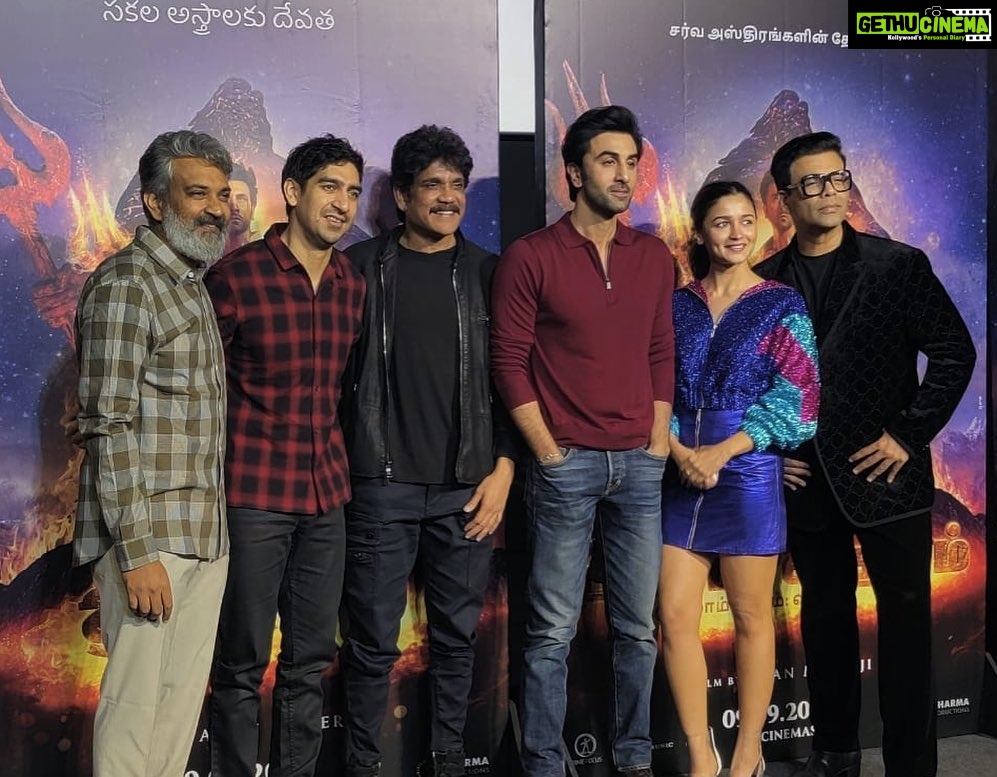 Karan Johar Instagram - It has been nothing short of an honour to have the phenomenal @ssrajamouli grace us with his presence and shower us with unflinching support as always, by presenting #Brahmastra in 4 other languages today. Also the ever so wonderful Nagarjuna who has been a strong pillar of support and strength by playing a part in the film and our lives! Truly, there’s nothing more assuring and comforting to look around and see such impeccable people working towards something so magical! @ayan_mukerji #RanbirKapoor @aliaabhatt
