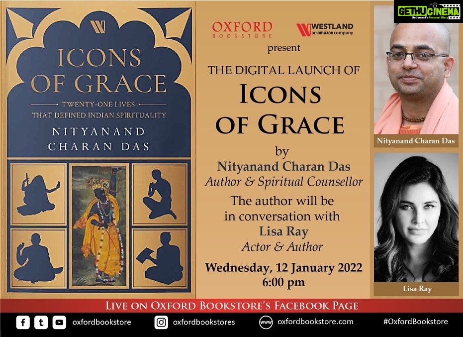 Lisa Ray Instagram - I am so honoured to be in conversation with @nityananda_charan_das about his marvellous book #IconsofGrace which is launching January 10th and available for pre-order now. β¦.. I have the pleasure of knowing @nityananda_charan_das personally and his abiding dedication to the path of spiritual understanding. This book shimmers - literally and metaphorically- with the richness of cultural and spiritual legacies from Mirabai to Tulsidas to Rupa Goswami. Connecting with my inner self has always been a priority, even as I get engulfed and distracted by the manic pace of life today. A well written book that brings the lives of these icons of grace alive goes a long way in settling the heart and soul. Tune in for my chat with @nityananda_charan_das on January 12th ππΌ @westland_books @oxfordbookstores