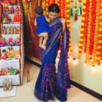 M.M. Manasi Instagram – Day 7
Royal blue with my princess💙

This beautiful saree was a gift from my brother @dr.ajaymosur and sister-in-law @kljanaki88 💓 
Saree shapewear from @mayilibynandhini ..💖

And Swara Bubu’s dress and matching hairband was speacially made for her by her dearest paati(My Mother-in-law)💙

#Swara #ourdaughter #babygirl #navaratri2021 #ColoursOfNavaratri #Day7 #RoyalBlue #saree #sareestagram #sareelove #daughter