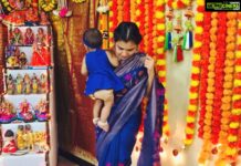 M.M. Manasi Instagram - Day 7 Royal blue with my princess💙 This beautiful saree was a gift from my brother @dr.ajaymosur and sister-in-law @kljanaki88 💓 Saree shapewear from @mayilibynandhini ..💖 And Swara Bubu’s dress and matching hairband was speacially made for her by her dearest paati(My Mother-in-law)💙 #Swara #ourdaughter #babygirl #navaratri2021 #ColoursOfNavaratri #Day7 #RoyalBlue #saree #sareestagram #sareelove #daughter