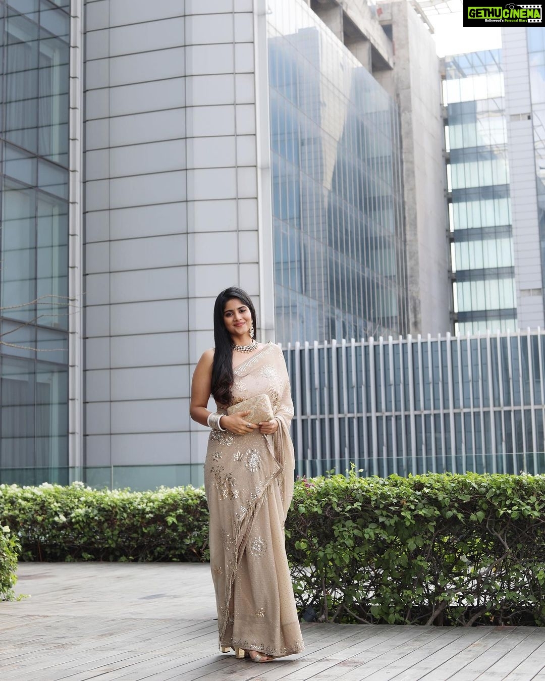 Megha Akash Instagram - New beginnings ✨ #Ravanasura • Styled by @officialanahita Outfit: @paaprikastore @reach.swetha x @manalirawat Earrings: @rubansaccessories Rings: @aristajewels.in Clutch: @accessoriesbyanandita Pic: @thescienceofphoto