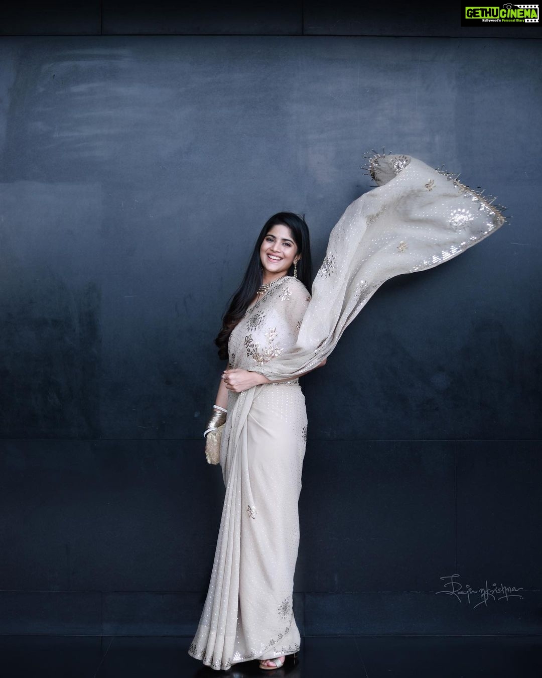 Megha Akash Instagram - New beginnings ✨ #Ravanasura • Styled by @officialanahita Outfit: @paaprikastore @reach.swetha x @manalirawat Earrings: @rubansaccessories Rings: @aristajewels.in Clutch: @accessoriesbyanandita Pic: @thescienceofphoto