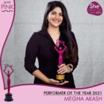 Megha Akash Instagram – Very very happy and privileged to receive this 
Nothing better than your hard work being appreciated ♥️ 
But this is even more special as it’s for a very important cause… BREAST CANCER AWARENESS 
.
.
This year the She Awards 2021 ( @she_awards ) by @she_india goes Pink as October is known worldwide as the Breast cancer awareness month and we at She are organizing the #SheGoesPink campaign to help the women in need today. Breast cancer is the most common cancer among women. Join hands with us to increase awareness of this disease and provide screening & diagnostic support to those affected.
.
“Women are stronger together”.
.
.
Award : Performer of the year 2021
Presented to : @meghaakash
Voice by : @she_india
Founder : @its.manikandan
Photography : @rollinstudio_by_arvindraj
Public Relation : @onlypoojithavarma
.
.
#SheGoesPink #PinkOctober