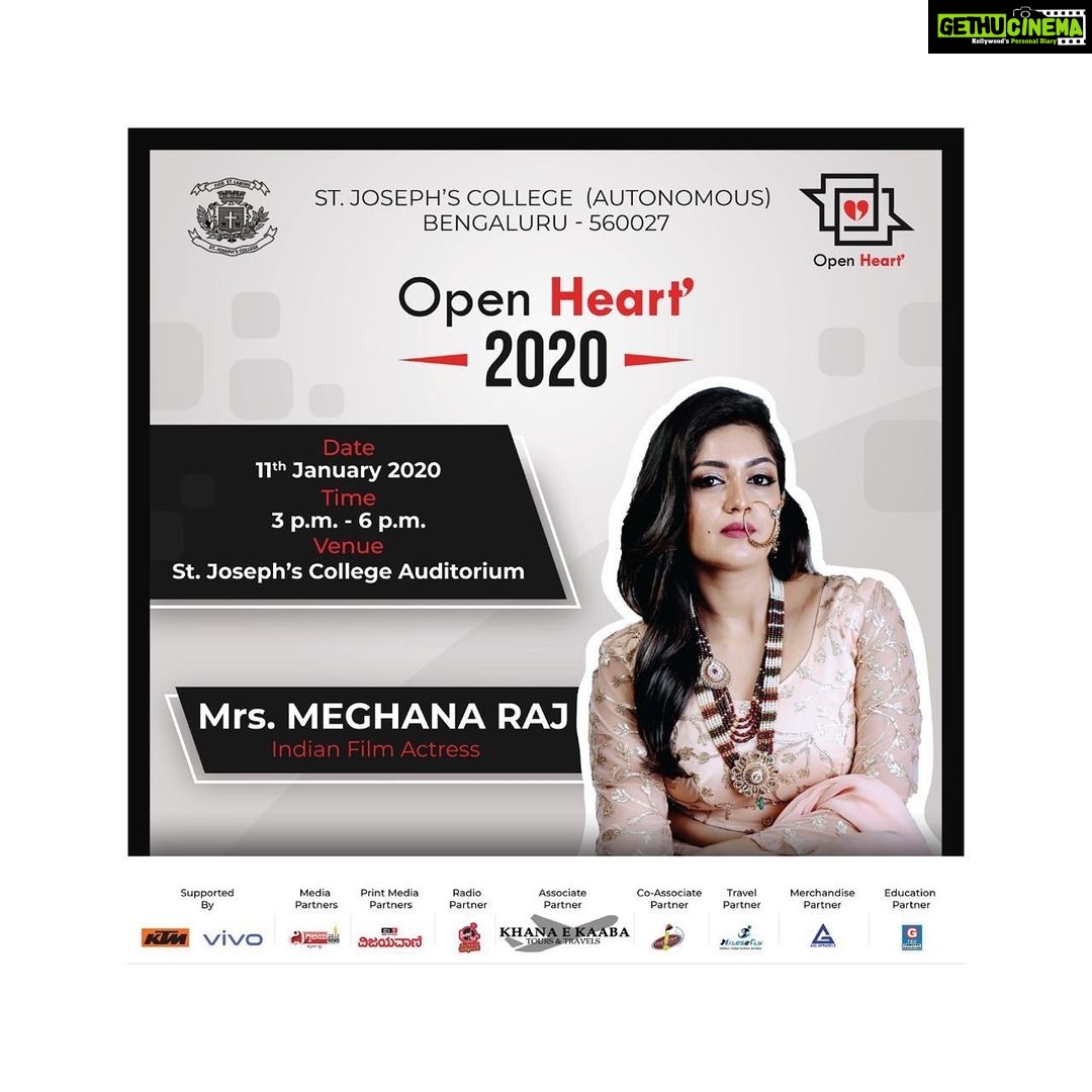 Meghana Raj Instagram - Its just the beginning of #2020 and it gets more exciting by the day... every individual has a story and a journey of their own to be told.... its just that i am yet to share mine... and now, i am willing to share it with an ‘open heart’ ! Thank u ST. JOSEPH’S for having me as ur speaker for the @openheart_2020 Event. Hoping to see you all at ST. Joseph’s college (autonomous )auditorium on the 11th JANUARY 2020. Im immensely excited to share my story with u all.... i hope u guys are too! See u all on 11th of January 2020! ❤️