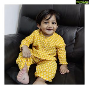 Meghana Raj Instagram - The many moods of Raayan… Wishing all a very Happy Deepavali… also learning to count my blessings… this lil one is my miracle! Praying this festival brings brightness and unlimited joy in everyones lives! 🤗 love and light to all! 

Raayan wearing something bright this Deepavali.. thank you @chheent.jaipur