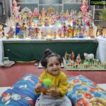 Meghana Raj Instagram - Dassara has always been a very special festival for my family! And my lil prince is celebrating his very first Vijayadashami at his kollu paati’s house (my paternal grandmother) the bombe u see behind are all more than 45 years old.. carefully stored each year so that the next year will always be brighter and happier! Raayan was also incidentally born during the navarathri last year and it makes it all the more special! Happy VijayaDashami to all! Chiranjeevi Sarja, Meghana Raj, Raayan Raj Sarja. 🙏🏻