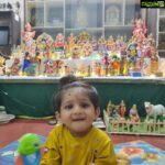 Meghana Raj Instagram - Dassara has always been a very special festival for my family! And my lil prince is celebrating his very first Vijayadashami at his kollu paati’s house (my paternal grandmother) the bombe u see behind are all more than 45 years old.. carefully stored each year so that the next year will always be brighter and happier! Raayan was also incidentally born during the navarathri last year and it makes it all the more special! Happy VijayaDashami to all! Chiranjeevi Sarja, Meghana Raj, Raayan Raj Sarja. 🙏🏻