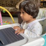 Meghana Raj Instagram - This was not planned… he was super intrigued by the keys and was happily tapping away… all smarty pants that he is, hit the right buttons and his favourite song of appa’s started playing… he insisted i play it again and again… and I happily obliged! So there you go! HAPPY FATHER’S DAY! ❤️ #chiranjeevisarja #JrC #simba