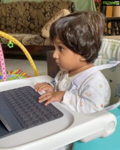 Meghana Raj Instagram - This was not planned… he was super intrigued by the keys and was happily tapping away… all smarty pants that he is, hit the right buttons and his favourite song of appa’s started playing… he insisted i play it again and again… and I happily obliged! So there you go! HAPPY FATHER’S DAY! ❤️ #chiranjeevisarja #JrC #simba