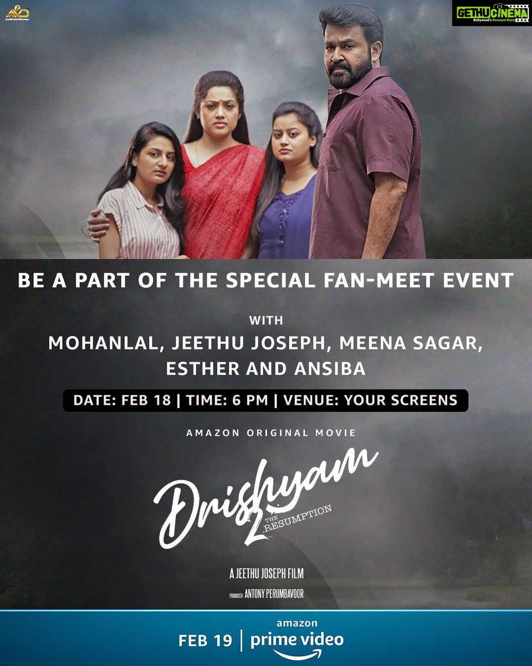 Mohanlal Instagram - My family and I can't wait to meet our extended family! Come join us for an exclusive virtual fan-meet! #Drishyam2OnPrime, Feb 19 on @PrimeVideoIN @meenasagar16 @jeethu4ever @antonyperumbavoor @aashirvadcine @drishyam2movie @satheesh_kurup