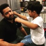 N. T. Rama Rao Jr. Instagram - When you become a #punchingbag for your son #karatekid #elderbrat #lazysunday