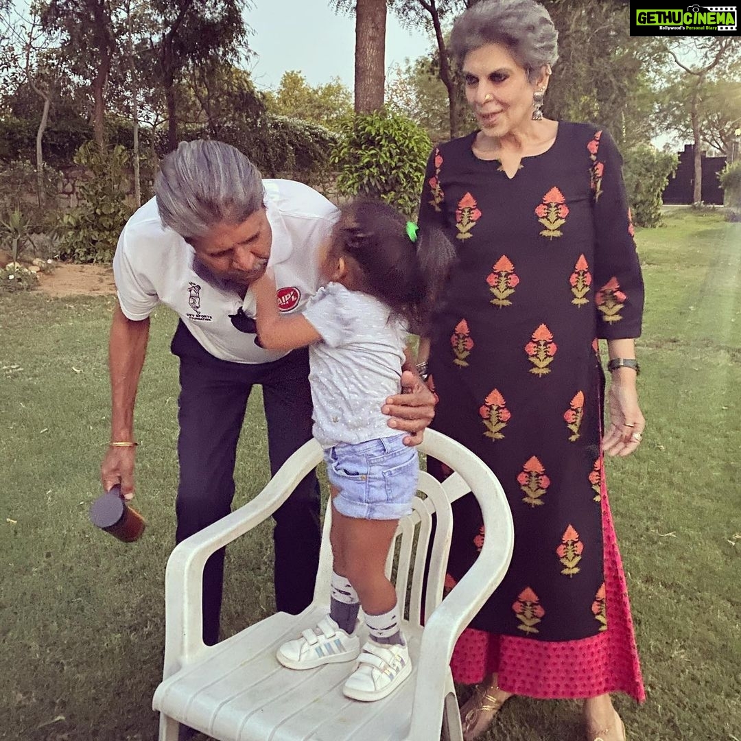 Neha Dhupia Instagram - #happybirthday sir @therealkapildev hereโs to a year filled with happiness , having conversations over croissants and you showing our baby girl more videoes of your cute little cat ๐โฆ we love you ๐