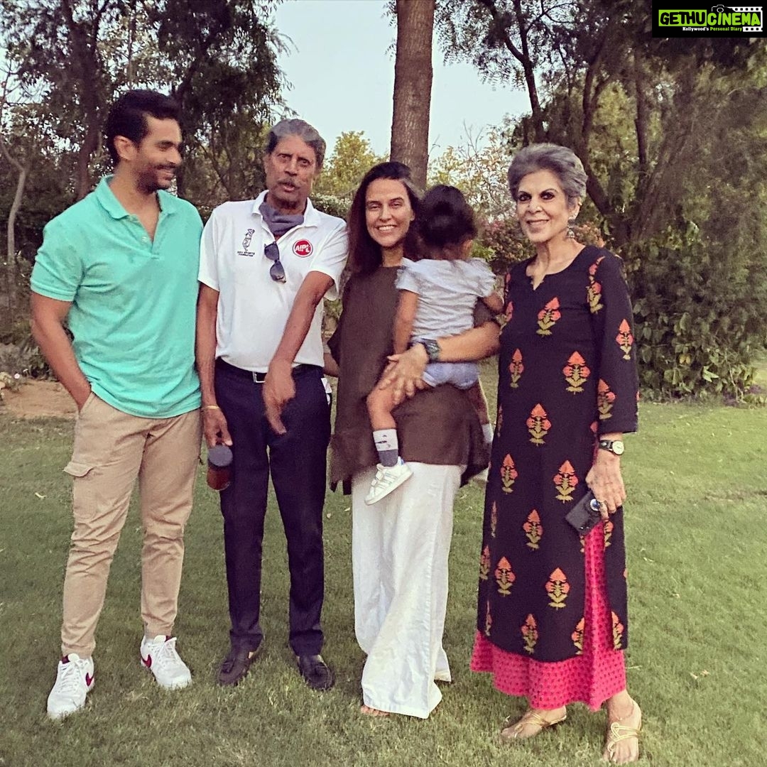 Neha Dhupia Instagram - #happybirthday sir @therealkapildev hereโs to a year filled with happiness , having conversations over croissants and you showing our baby girl more videoes of your cute little cat ๐โฆ we love you ๐