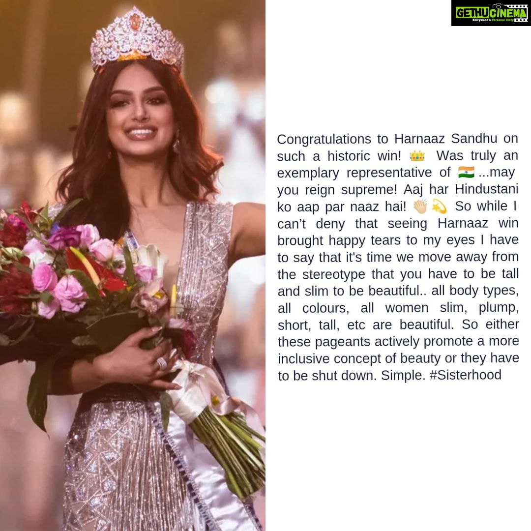 Parul Yadav Instagram - Congratulations to @harnaazsandhu_03 on such a historic win! ๐ Was truly an exemplary representative of ๐ฎ๐ณ...may you reign supreme! Aaj har Hindustani ko aap par naaz hai! ๐๐ป๐ซ So while I canโt deny that seeing #Harnaaz win brought happy tears to my eyes I have to say that it's time we move away from the stereotype that you have to be tall and slim to be beautiful.. all body types, all colours, all women slim, plump, short, tall, etc are beautiful. So either these pageants actively promote a more inclusive concept of beauty or they have to be shut down. Simple. #SisterHood #MissUniverse #MissUniverse2021