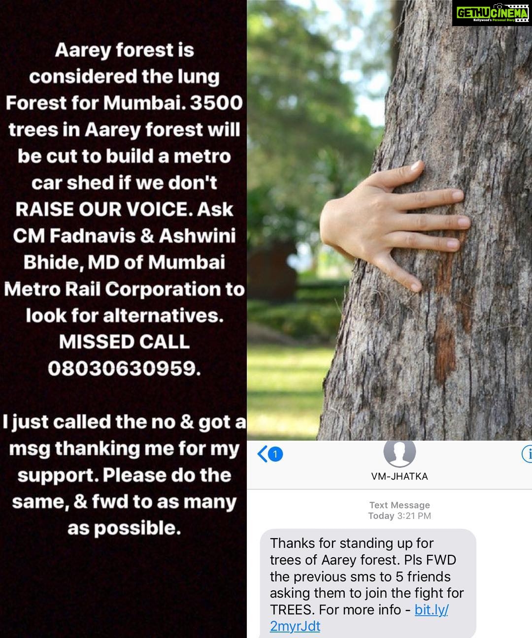 Prachi Deasi Instagram - Dear all Pease GIVE A MISSED CALL ON 08030630959 to save #Mumbai ‘s lung forest from being massacred #SaveAarey or 3500 trees will be cut to build a metro car shed if we don't raise our voice! Let's ask the CM & MD of Mumbai Metro Rail Corp to look for alternatives. #LetMumbaiBreathe