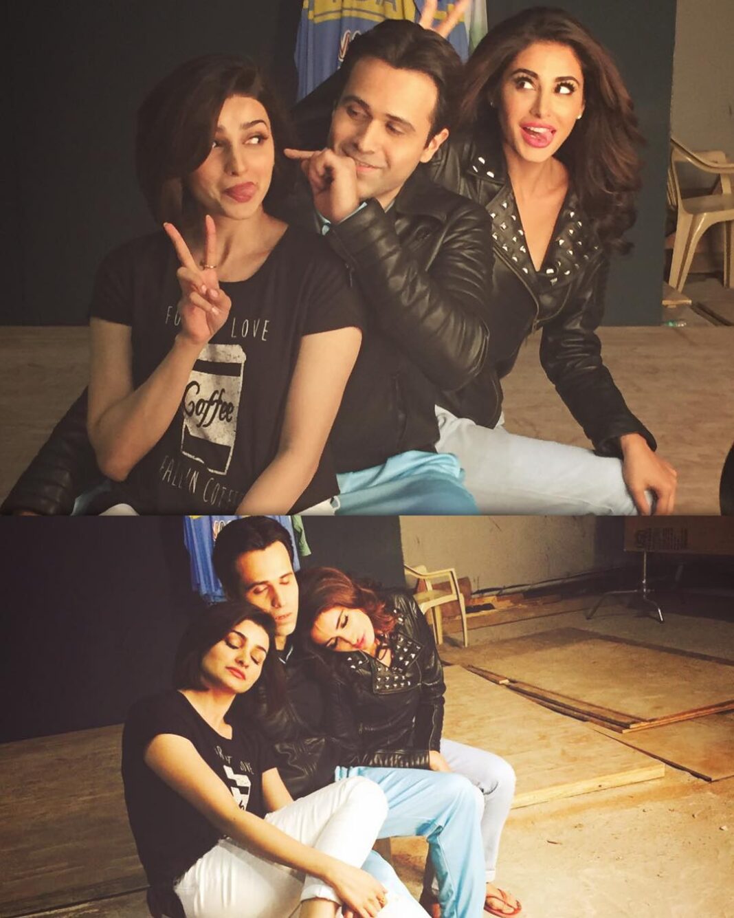 Prachi Deasi Instagram - What happens on a long day at shoot .. Before & After 😜 😴 #fromyesterday @therealemraan @nargisfakhri @azharthefilm @avigowariker